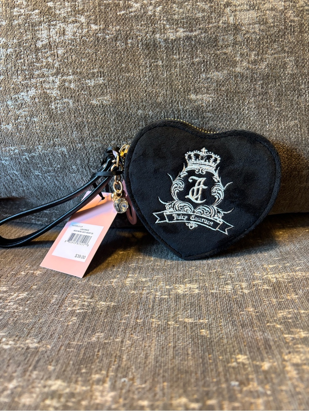 Juicy Couture Black Heart-Shaped Suede Coin Pouch with White Crest